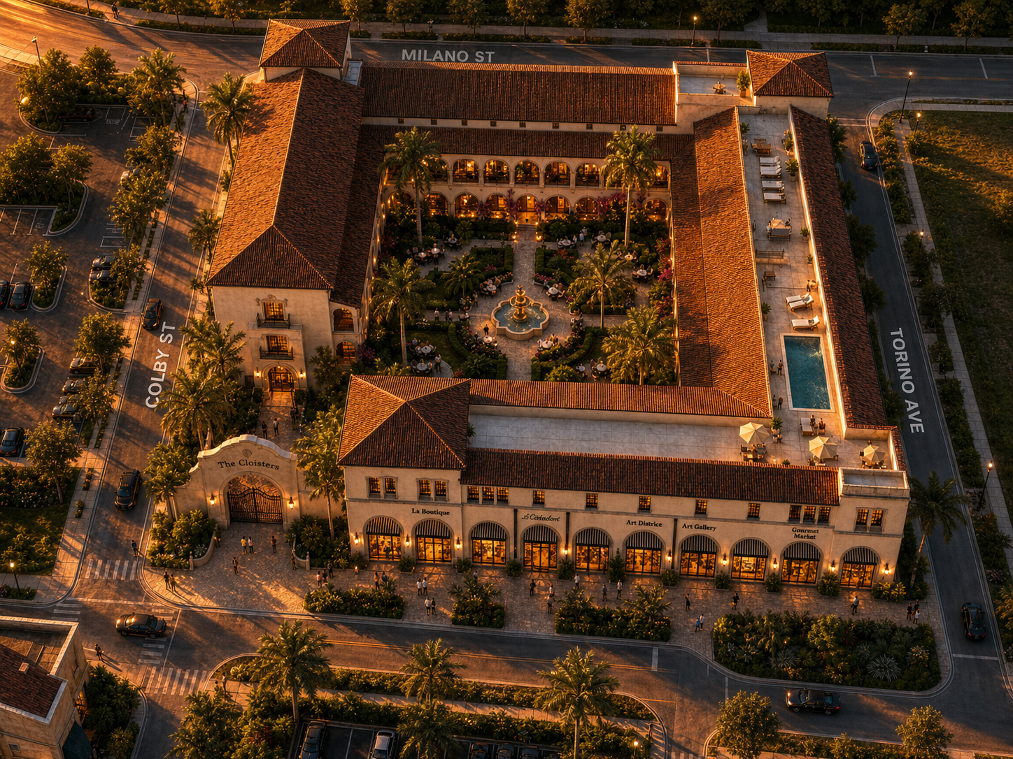 Conceptual aerial rendering of The Cloisters at sunset showing the entrance, retail arcade, rooftop pool, and central fountain courtyard
